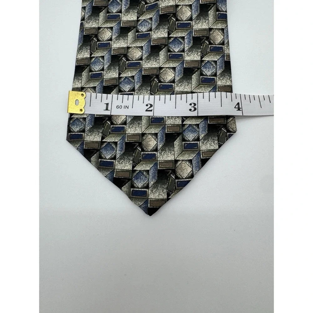 Barrington 100% Silk Tie Geometric Cube Pattern Blue Gray Brown Classic Mens Tie